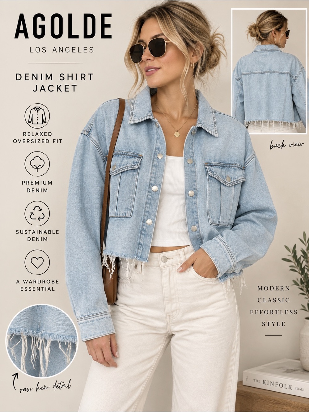 AGOLDE Charli Crop Denim Shirt Jacket M Light Wash Raw Hem Shacket